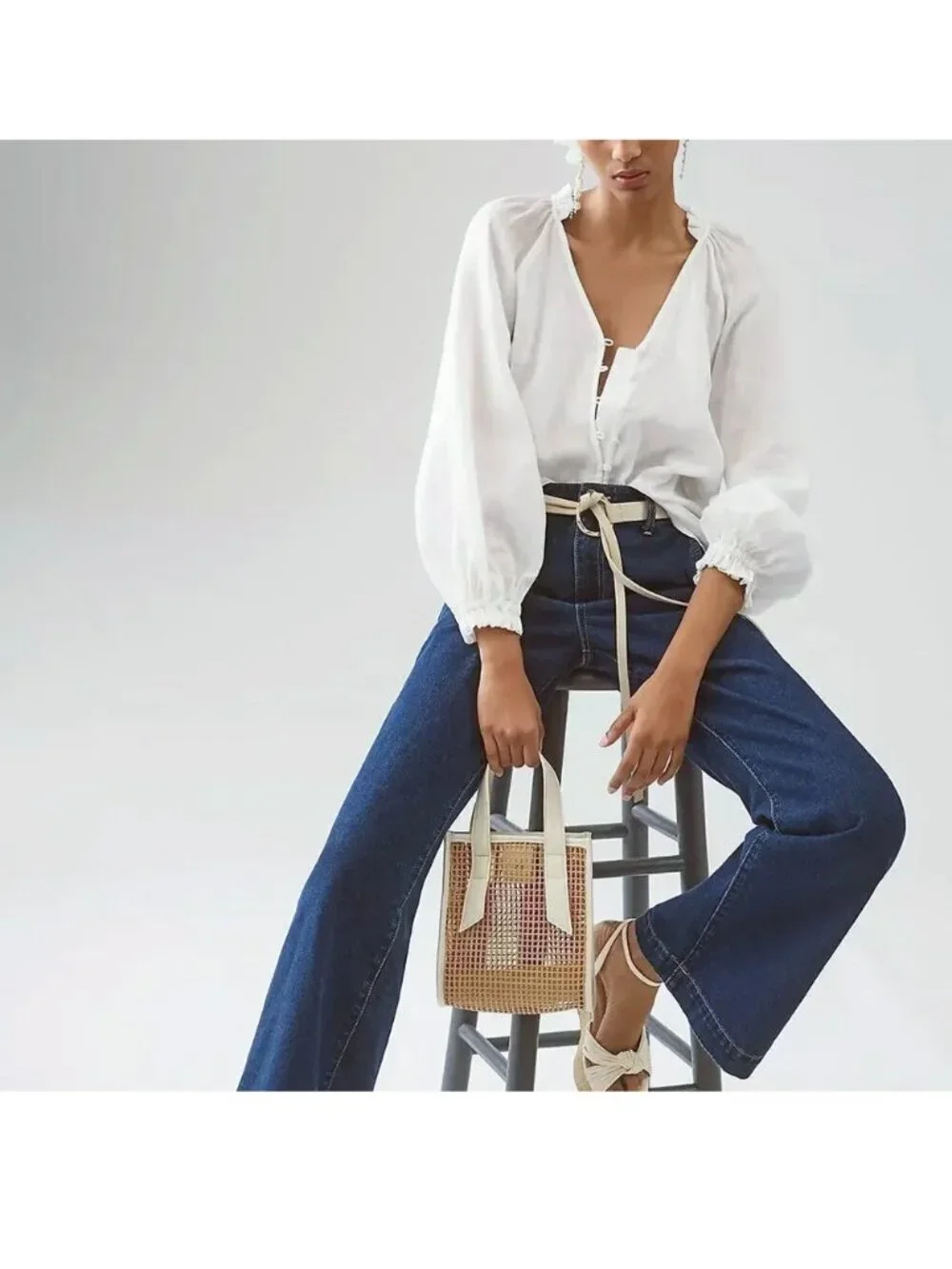 Anthropologie Maeve puffy sleeve pure linen white top size S small Audie